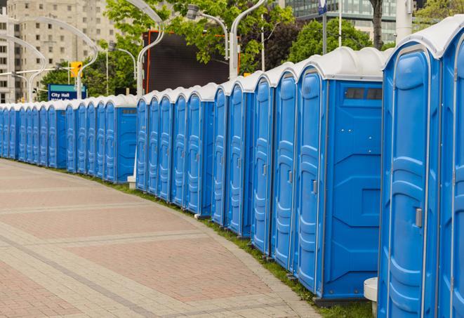 a line of brightly-colored portable restrooms, perfect for outdoor festivals and concerts in Adelphi